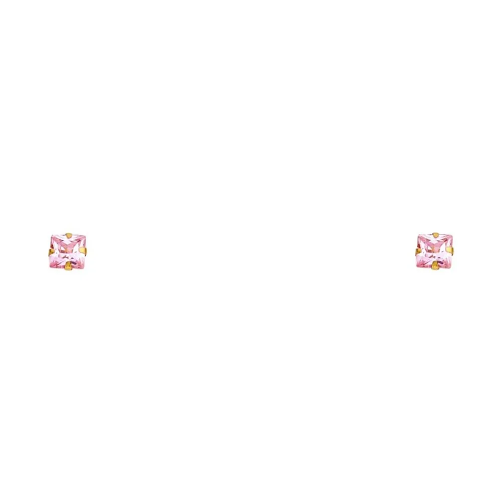 14 KT Italian Gold Light Pink Square CZ 3mm Screw Earrings